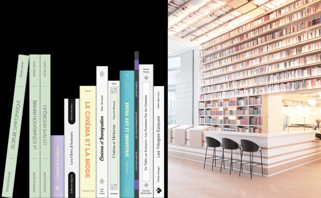 Hall Campus Boulogne bibliothèque vue interieur plafond fait de livres et zoom sur des tranches de livres