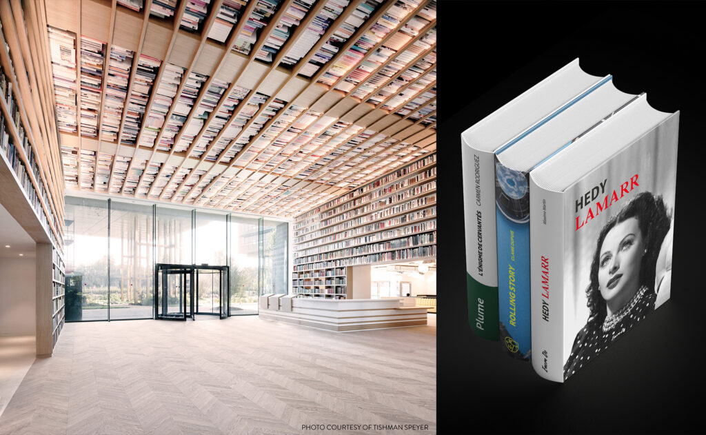 Hall Campus Boulogne bibliothèque vue interieur plafond fait de livres et zoom sur des tranches de livres