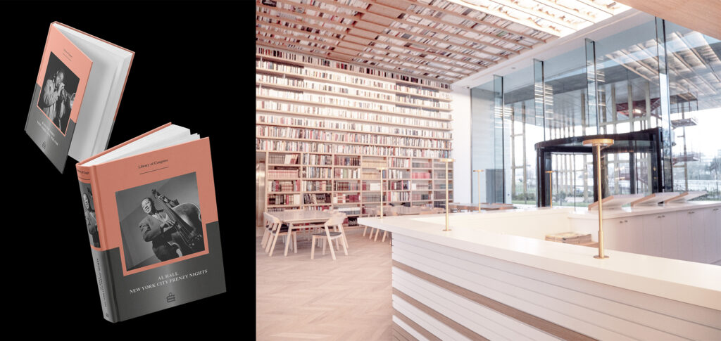 Hall Campus Boulogne bibliothèque vue interieur baie vitree et bibliothèque recouvrant murs et plafond et zoom sur deux livres