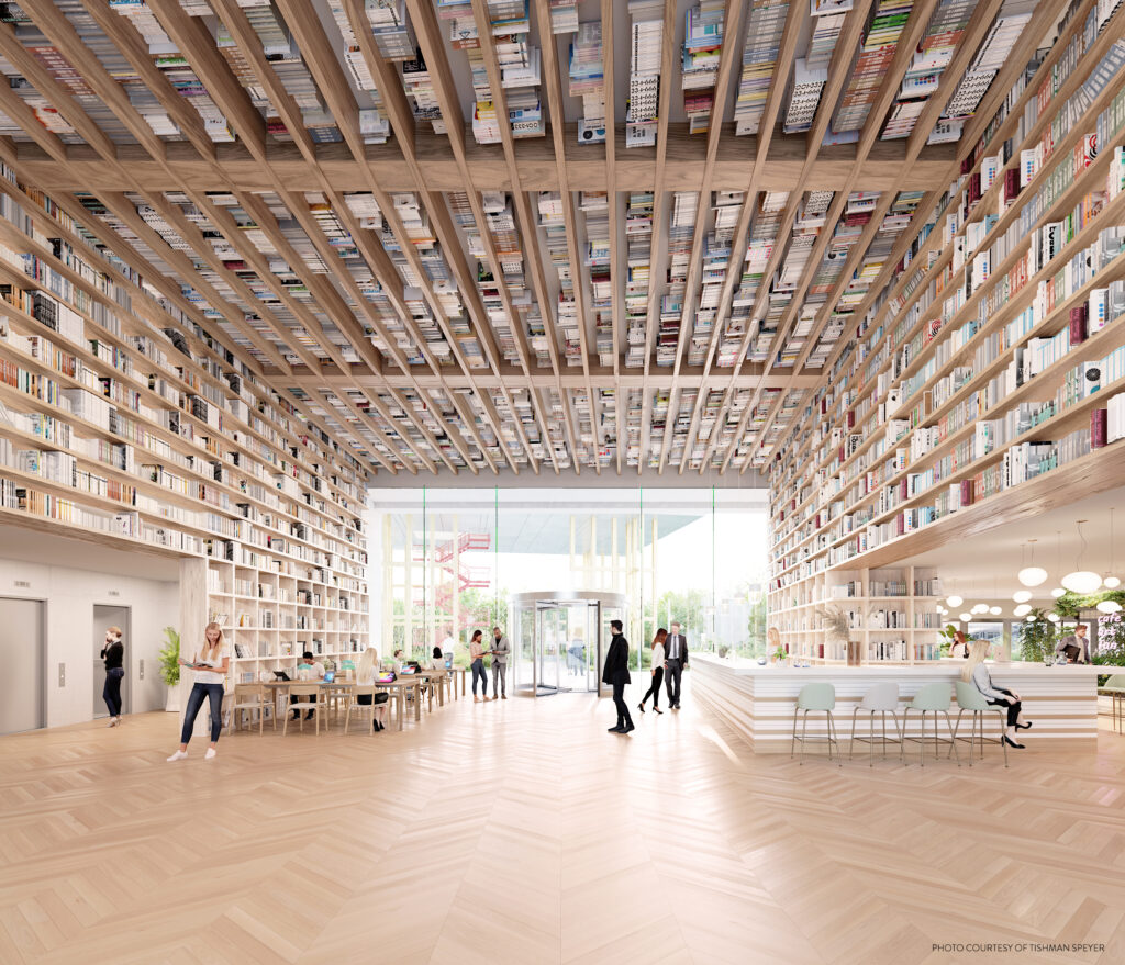 vue 3D Hall Campus Boulogne bibliothèque vue interieur baie vitree et bibliothèque recouvrant murs et plafond